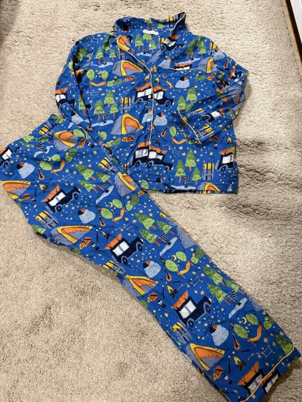 Blue Printed Women’s Pajama Set - Cozy Camping Motif